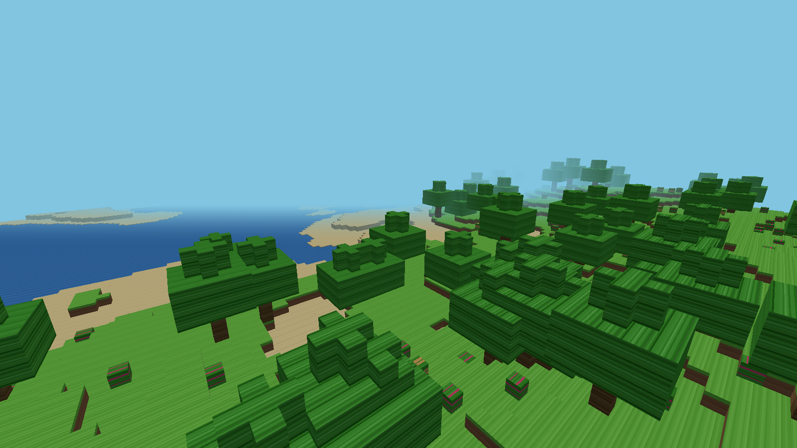 Forested voxel terrain beneath the VerseCraft sky