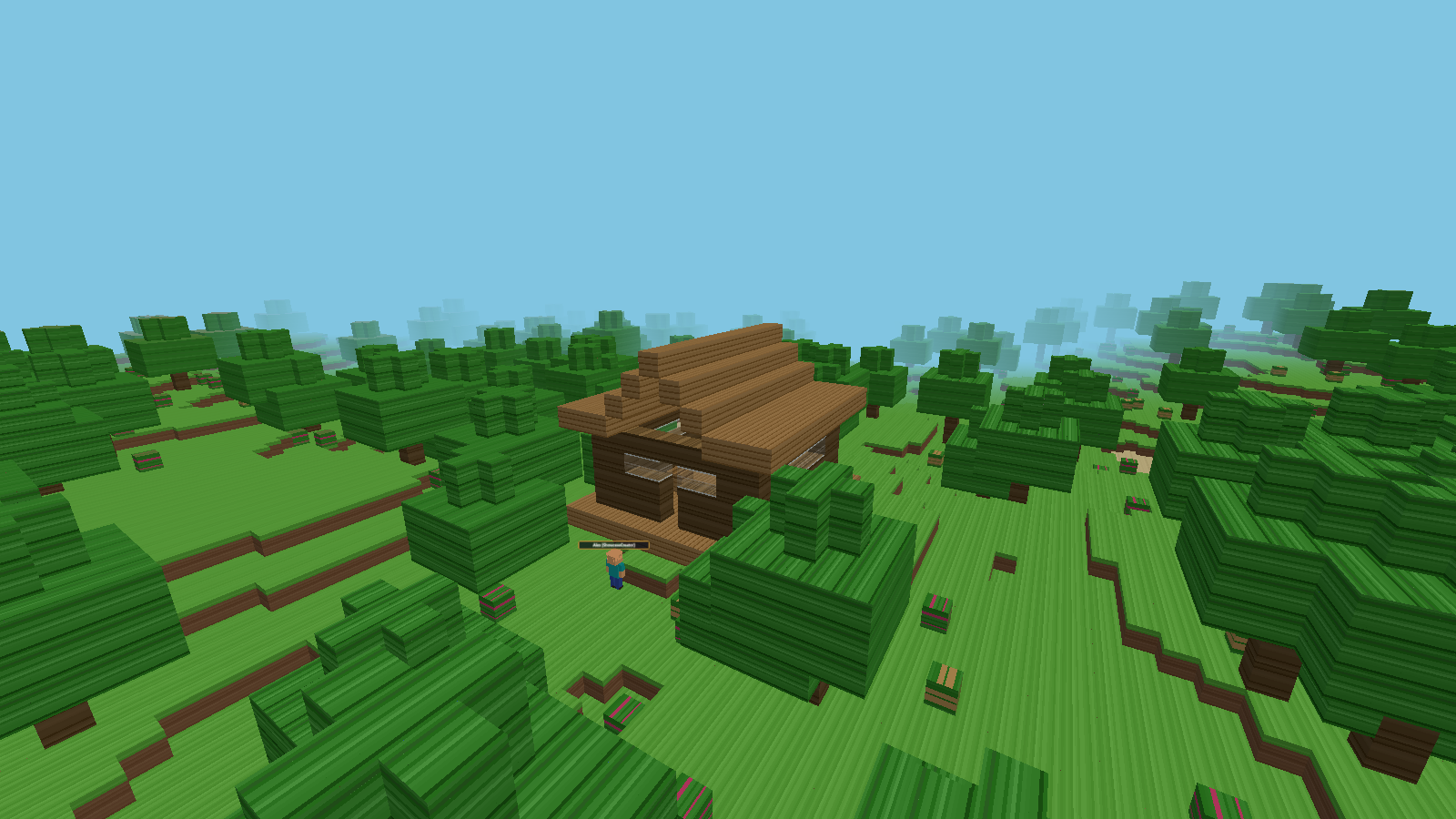 A wooden cabin staged in VerseCraft’s block-built landscape