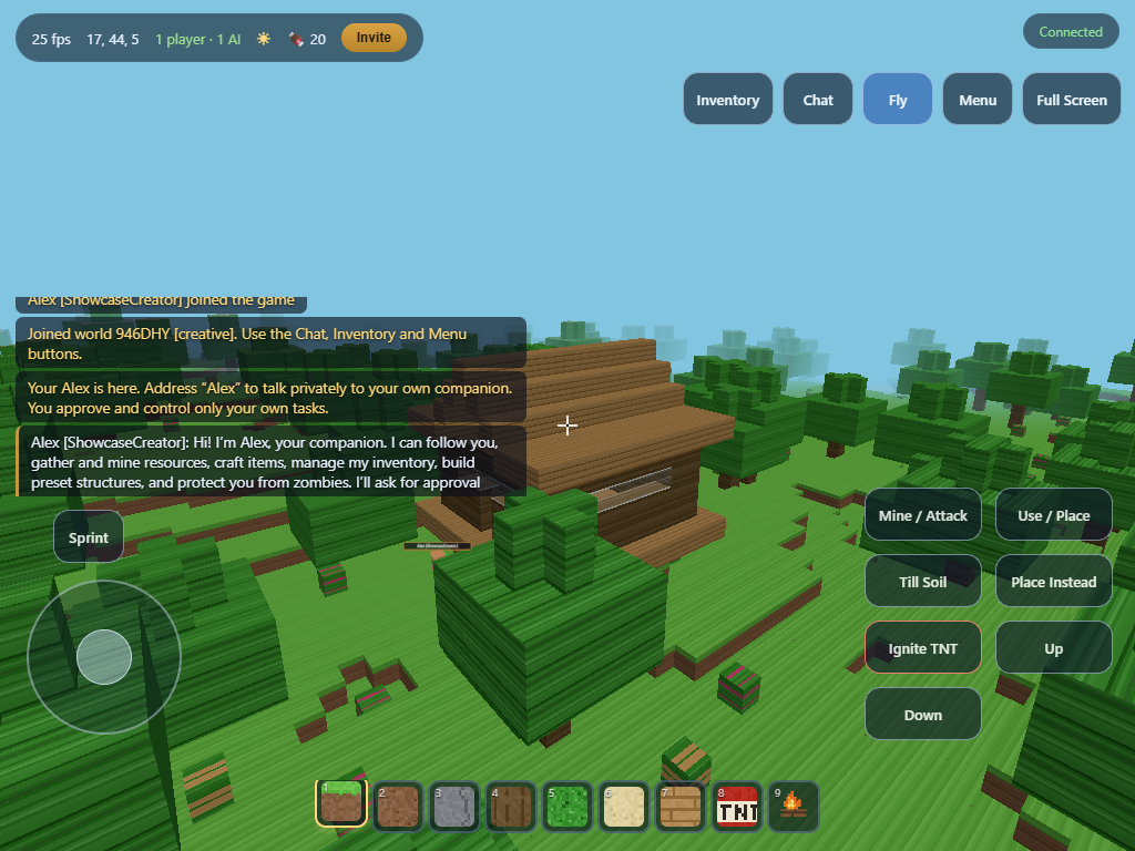 VerseCraft showing its on-screen movement joystick and tablet action buttons